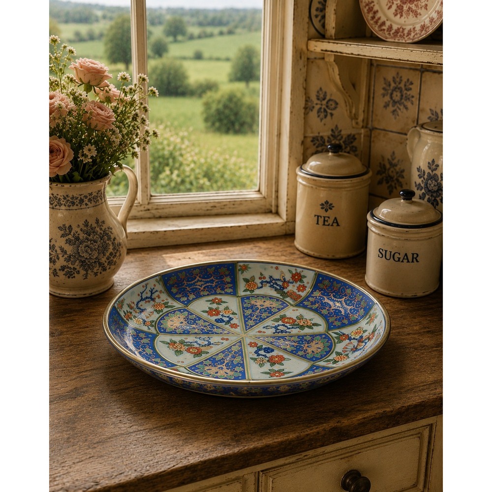 Vintage 1971 Daher Decorated Ware Tin Bowl Blue Floral Bird Made in England